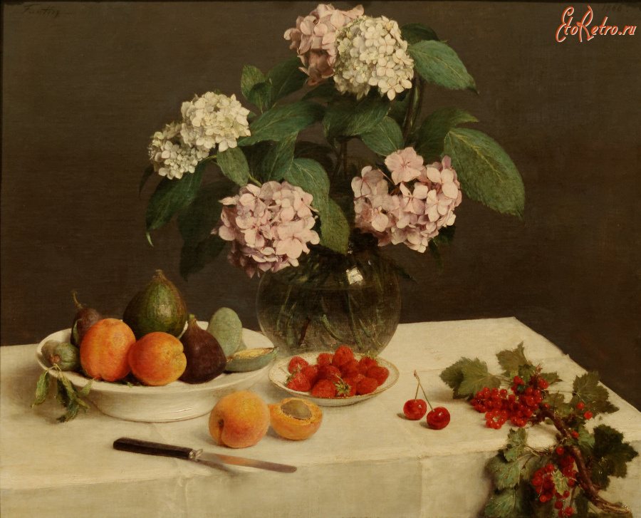 Картины - Анри Фонтен-Латур. Букет гортензий и ваза с фруктами. Цветы в вазе. Ваза с фруктами