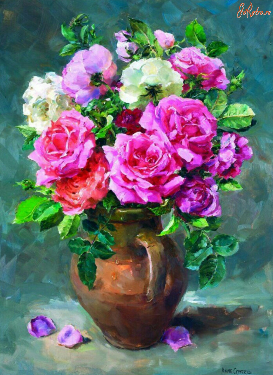 Картины - Энн Коттерилл. Красные и белые розы в кувшине. Воспоминания о лете