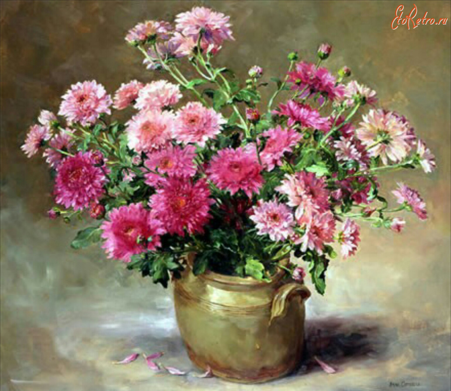 Картины - Розовые хризантемы в керамической вазе