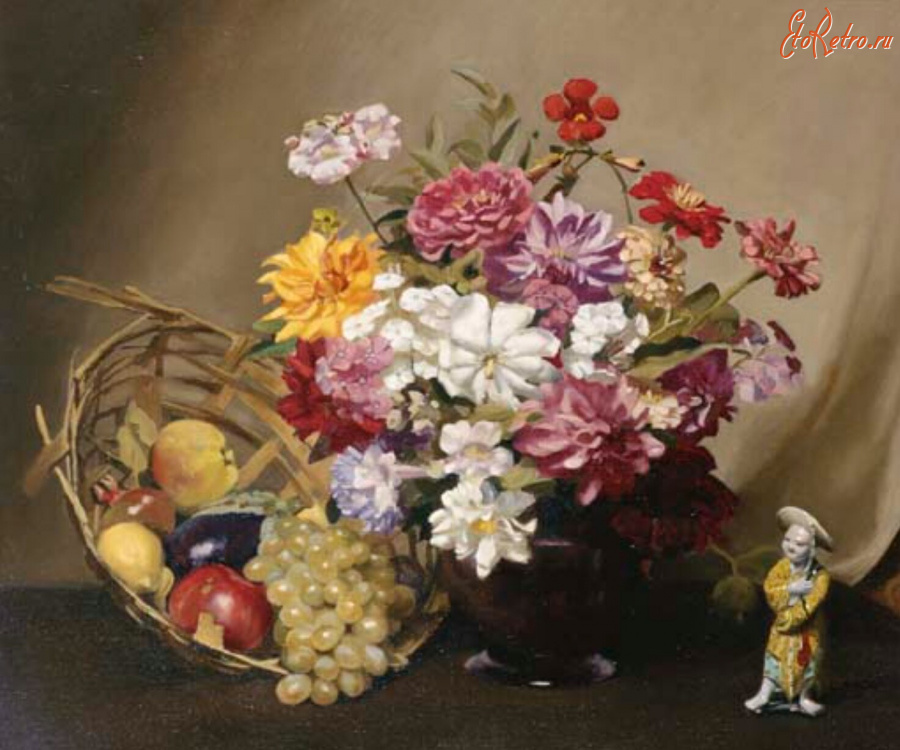Картины - Вайолет Макиннес. Букет цветов, фрукты в корзине и фарфоровая статуэтка