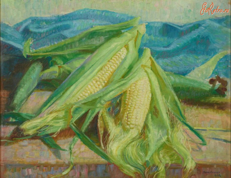 Картины - Нора Хейзен. Натюрморт с кукурузными початками в интерьере
