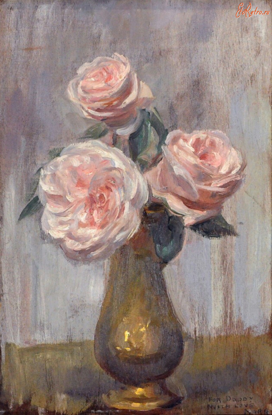 Картины - Нора Хейзен.  Розы для папы в золотистой вазе