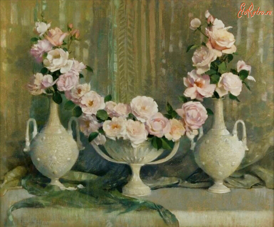 Картины - Лаура Комбс Хиллс. Розовая гирлянда и белые вазы