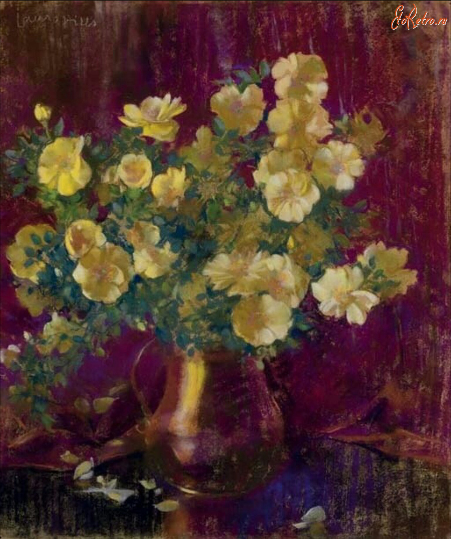 Картины - Лаура Комбс Хиллс. Жёлтые розы в медном кувшине