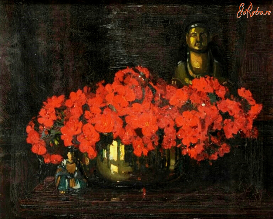 Картины - Герберт Дэвис Рихтер. Красная герань в вазе и статуэтка Будда