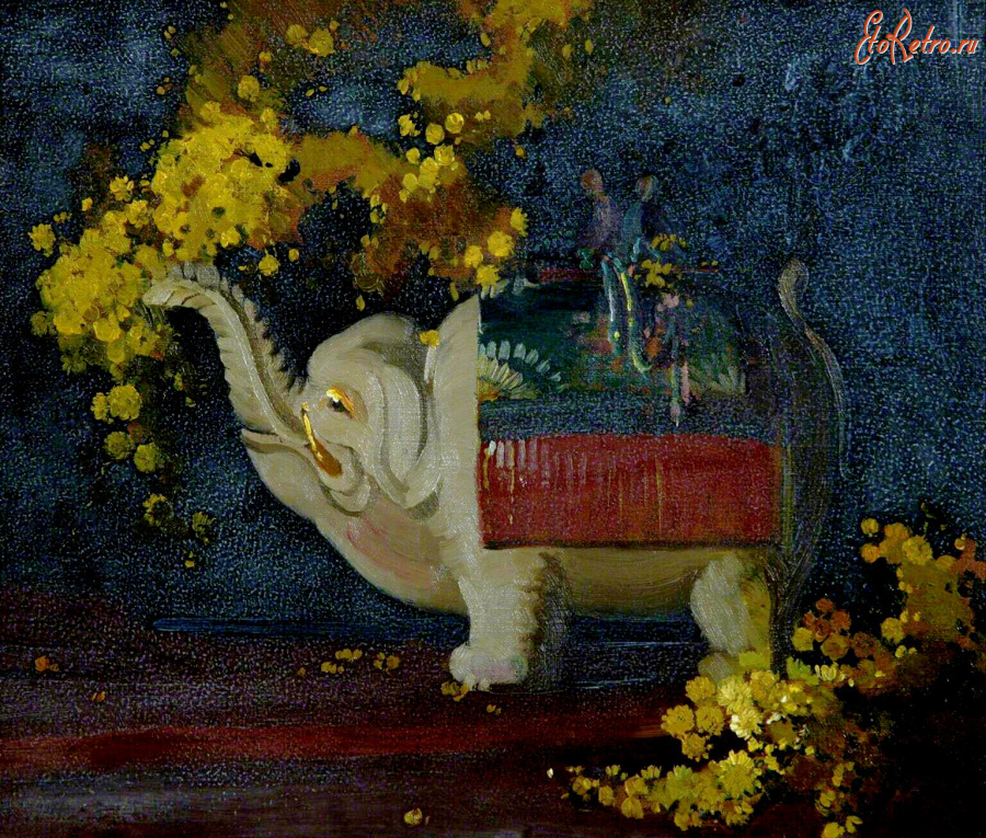Картины - Герберт Дэвис Рихтер. Цветущая мимоза и ваза-статуэтка Слоник