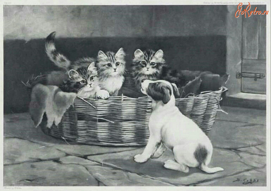 Картины - Бернард Коббе. Щенок и три котёнка в корзине. - Друг или враг?