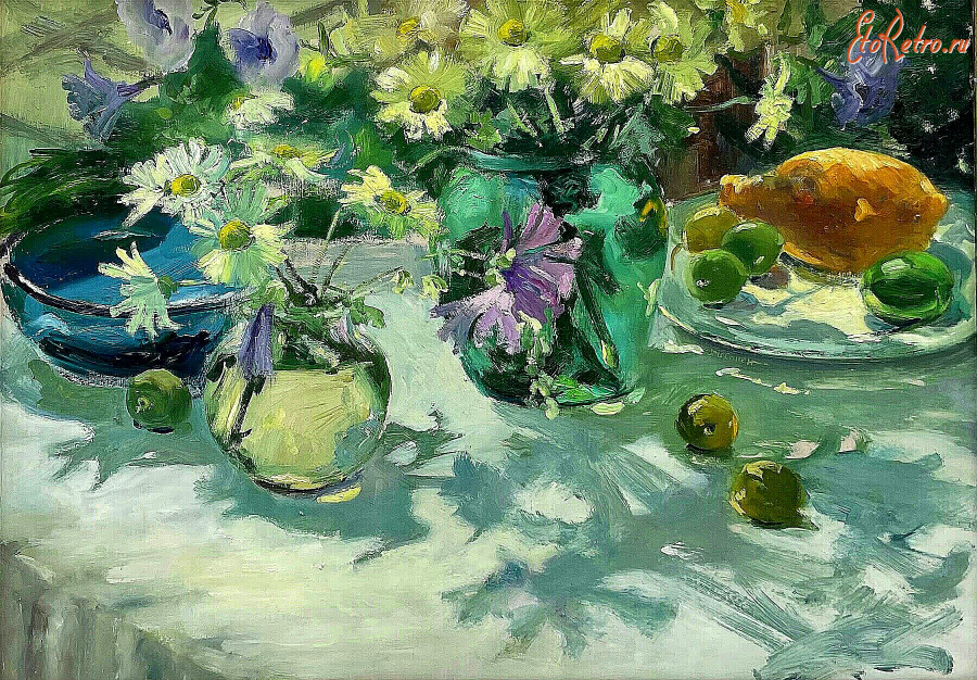 Картины - Айрис Коллетт. Цветы и фрукты на столике в саду