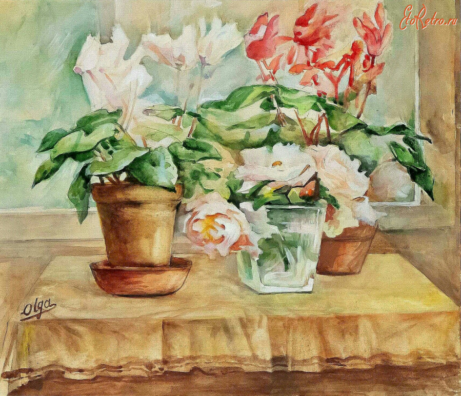 Картины - Ольга Александровна. Цикламены и розы на столике