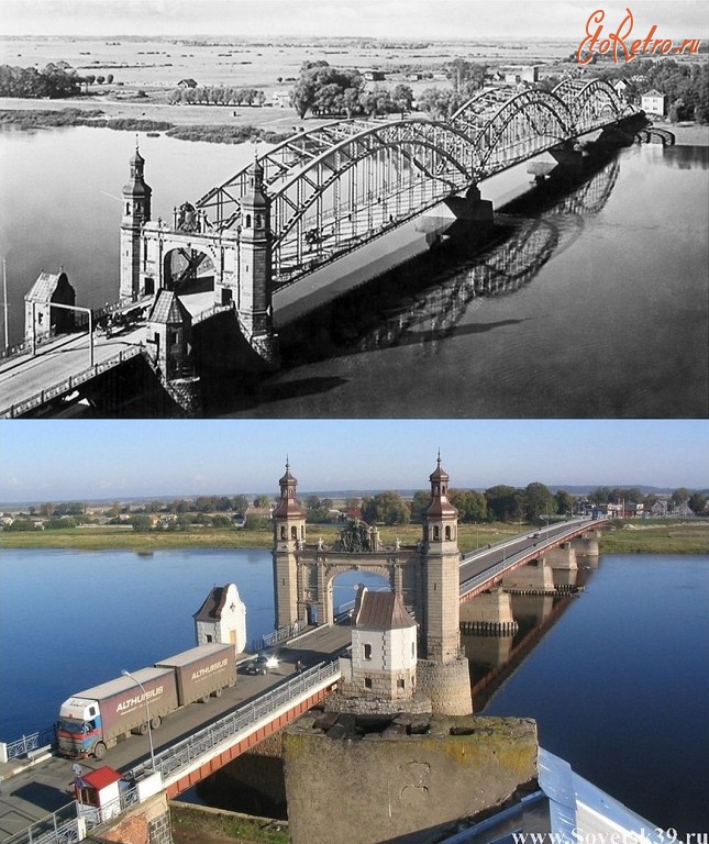Советск - Тильзит-Советск. Вид на мост Королевы Луизы с башни городской кирхи в 1930 и 2012 гг.