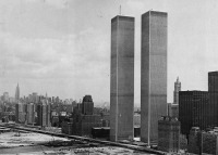 Нью-Йорк - Аerial view of twin towers of the world trade center looking north area with midtown manhattan on background july 1975 США,  Нью-Йорк (штат),  Нью-Йорк,  Манхеттен