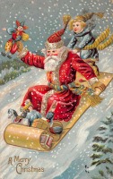 Ретро открытки - Санта Клаус. Катание с горки