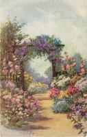 Ретро открытки - Цветущий сад с фиолетовым клематисом