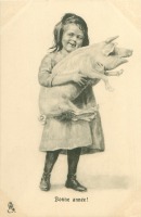 Ретро открытки - С Новым Годом. Девочка с поросёнком на руках