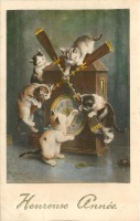 Ретро открытки - С Новым Годом . Котята, играющие с часами
