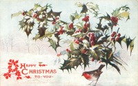 Ретро открытки - Счастливого Рождества вам. Малиновка и красные ягоды