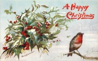 Ретро открытки - Счастливого Рождества.  Малиновка, падуб и омела
