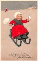 Ретро открытки - Счастливого Рождества. Девочка на санках