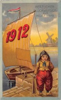 Ретро открытки - С Новым 1912 Годом. Голландский мальчик и парусная лодка