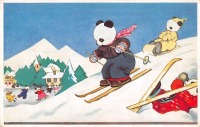 Ретро открытки - С Рождеством и Новым Годом. Панды на лыжах
