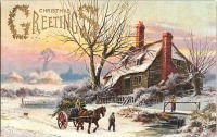 Ретро открытки - С Рождеством. Зимний пейзаж с повозкой хвороста