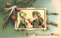 Ретро открытки - С Рождеством. Дети и сосновые шишки