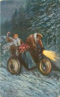 Ретро открытки - Перед праздником. Мотоцикл на зимней дороге