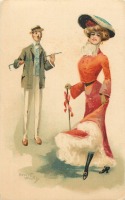 Ретро открытки - Женщина в красном и мужчина с моноклем