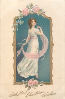 Ретро открытки - С Рождеством. Девушка в бальном платье с розовым шарфом