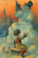 Ретро открытки - С Рождеством. Мальчик на санках и снеговик