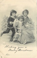 Ретро открытки - С Рождеством. Дети на коньках и санках