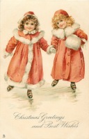 Ретро открытки - С Рождеством. Две девочки в красных шубках на катке