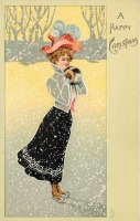 Ретро открытки - Рождественский гламур. Женщина в красной шляпе на коньках