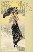 Ретро открытки - Рождественский гламур. Женщина в серой шляпе под зонтом