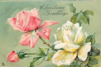 Ретро открытки - С Рождеством. Розовая и белая розы