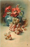 Ретро открытки - Красные маки в голубом кувшине и виноград