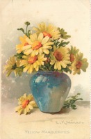 Ретро открытки - Среди цветов. Жёлтые маргаритки в голубой вазе