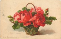 Ретро открытки - Красные розы в плетёной корзине