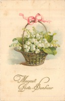 Ретро открытки - Ландыши в плетёной корзине с розовым бантом