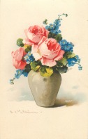 Ретро открытки - Три розы и голубые незабудки в серо-зелёной вазе