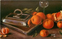 Ретро открытки - Апельсины и латунное блюдо с крышкой