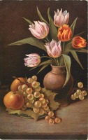 Ретро открытки - Мари Голей. Апельсины,виноград и букет тюльпанов в вазе