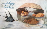 Ретро открытки - Утята под старой корзиной, ласточка и стрекоза