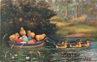 Ретро открытки - Счастливой Пасхи. Путешествие цыплят по реке