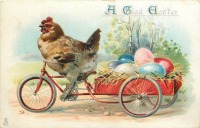 Ретро открытки - Счастливой Пасхи. Курица на велосипеде с коляской