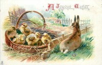 Ретро открытки - Счастливой Пасхи. Цыплята в корзине и кролик у изгороди