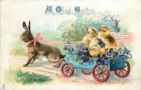 Ретро открытки - Пасхальный кролик и два цыплёнка в тележке с фиалками