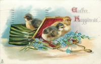 Ретро открытки - Счастливой Пасхи. Цыплята, дамская сумка и незабудки