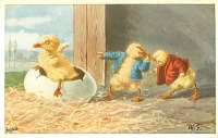 Ретро открытки - Счастливой Пасхи. Два цыплёнка и утёнок в скорлупке