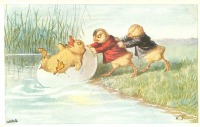 Ретро открытки - Счастливой Пасхи. Два цыплёнка и утёнок у реки